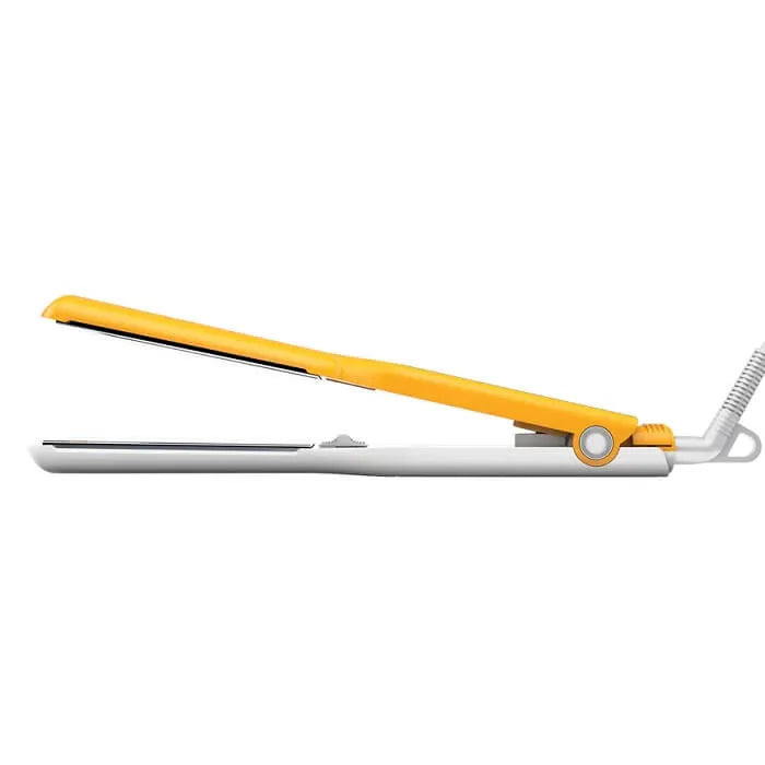 GK Hair flat iron in side profile, yellow upper arm raised off the white base, round hinge pivot and coiled white cord