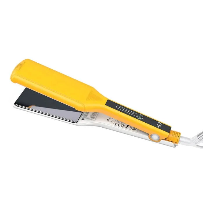 GK Hair One Control flat iron in yellow and white, wide plates, black panel with one power button and a five-bar heat gauge