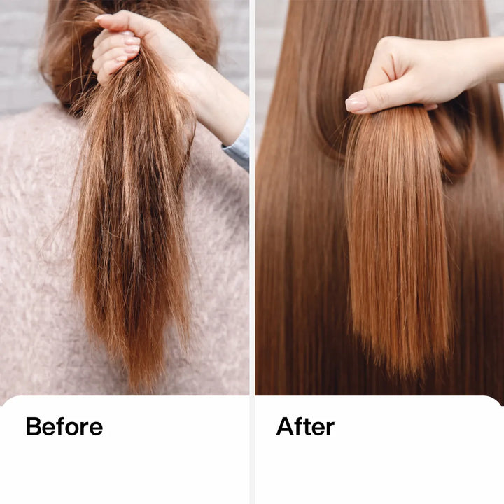 Before and after: dry frizzy copper-brown ends held in hand at left, smooth glossy straight lengths at right