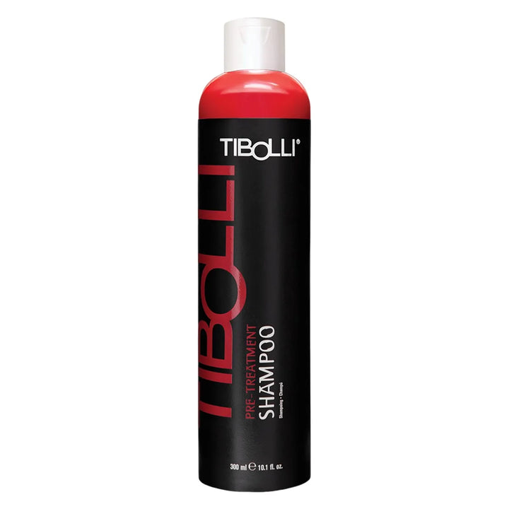 Tibolli Pre-Treatment Shampoo 300 ml / 10.1 fl oz black bottle of red liquid with a white cap, front view on white