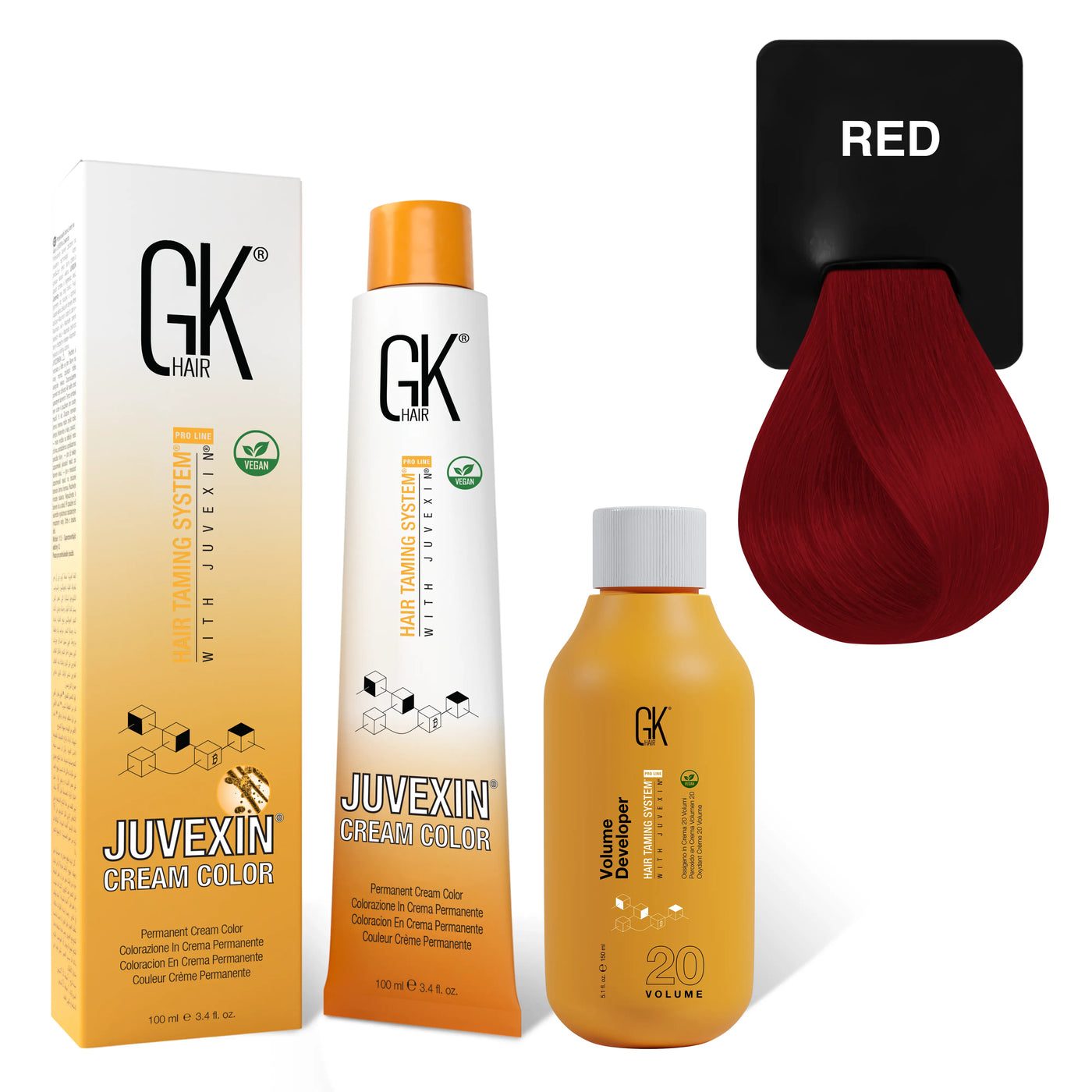 GK Hair's Juvexin Red Cream Color product set including Volume Developer.