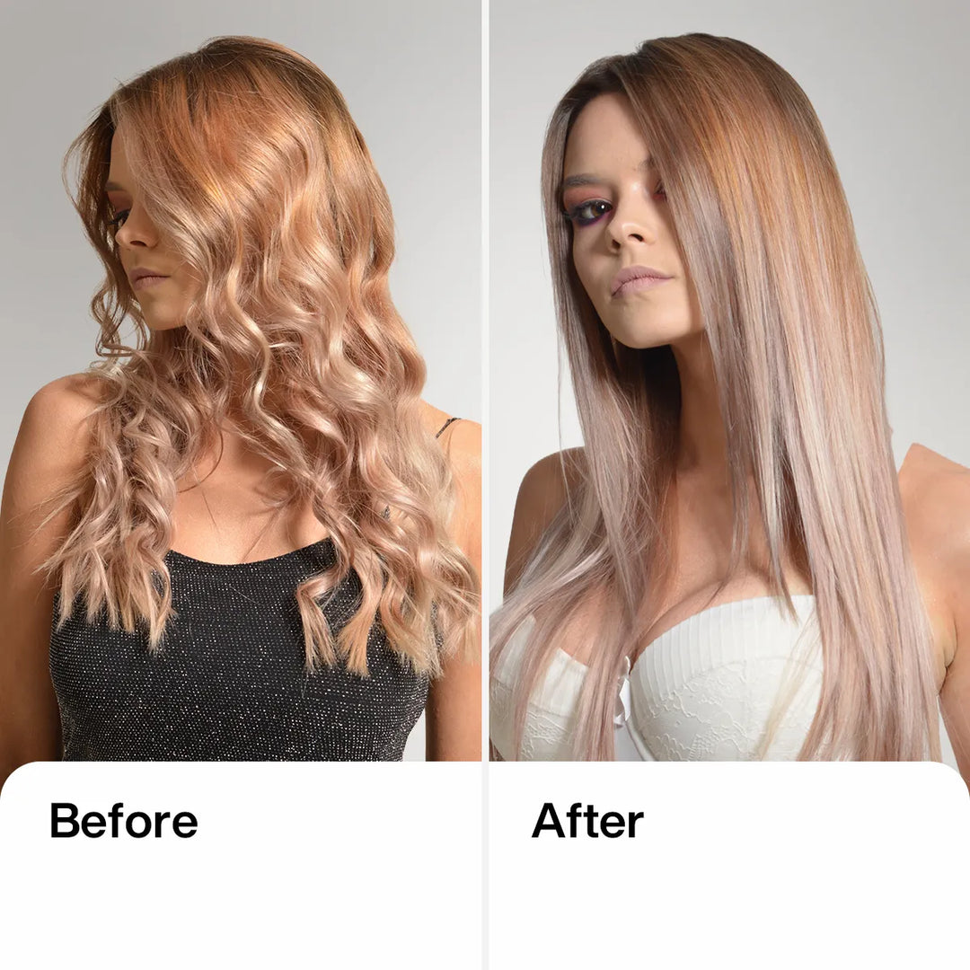 Before and after: left, long wavy rose-blonde hair in a black top; right, the same hair straightened sleek and glossy