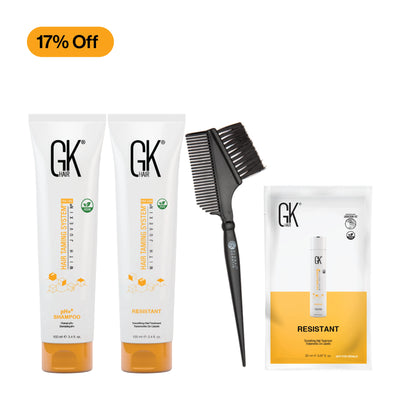 GK Hair's Restitant Care Pro set including  pH+ Shampoo, Application Brush and Shark Clips with a "17% Off" tag. 