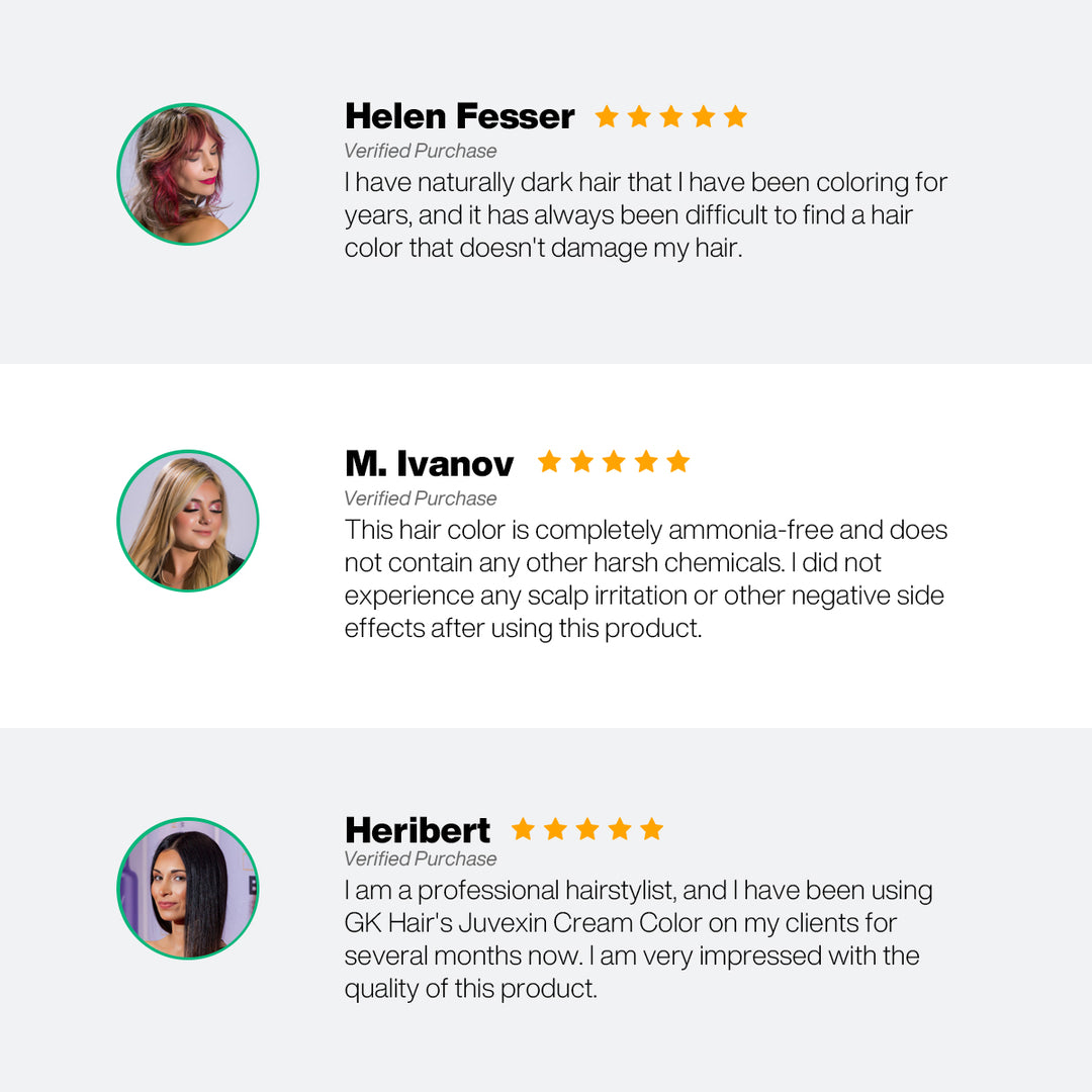 GK Hair Juvexin Cream Color Mixtones, 5-star reviews: Fesser seeks non-damaging color, Ivanov no irritation, Heribert impressed