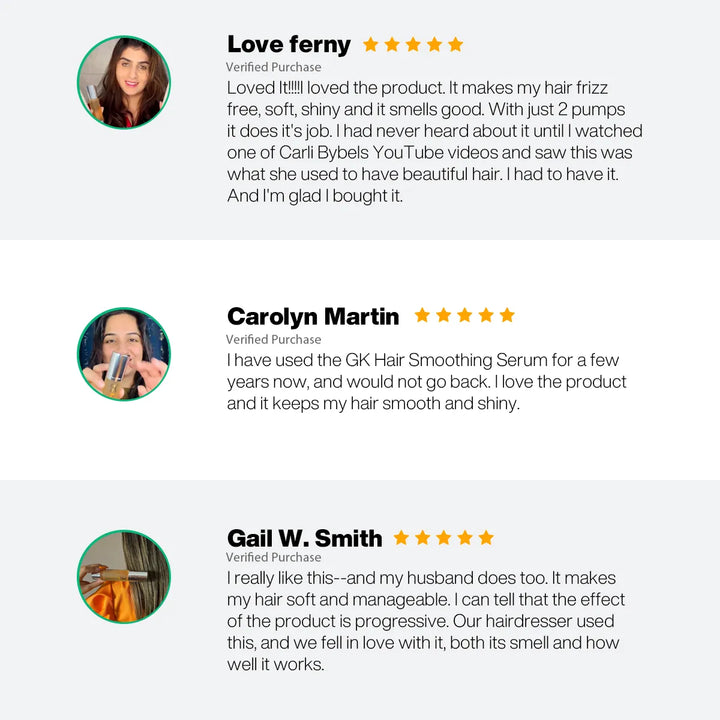 Three 5-star verified purchase reviews, one naming GK Hair Smoothing Serum: frizz-free, soft, shiny hair that smells good