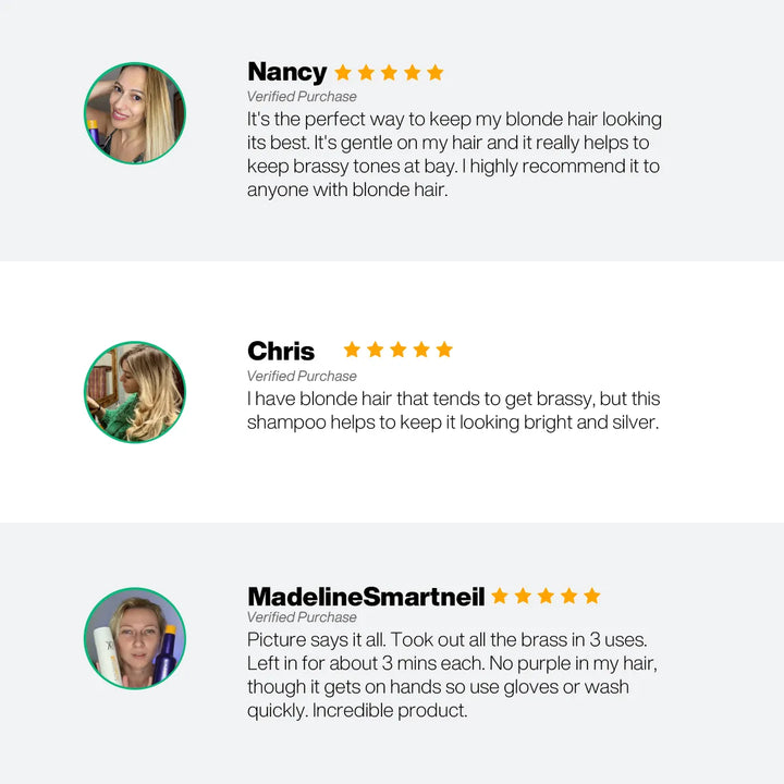 Three 5-star reviews: Nancy and Chris say it keeps blonde bright and brass-free; MadelineSmartneil warns it stains hands, so wear gloves