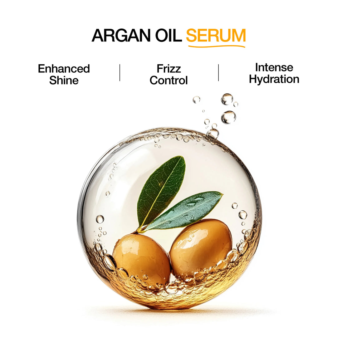 Argan Oil Serum panel: Enhanced Shine, Frizz Control and Intense Hydration, above argan nuts and leaves in a golden oil droplet