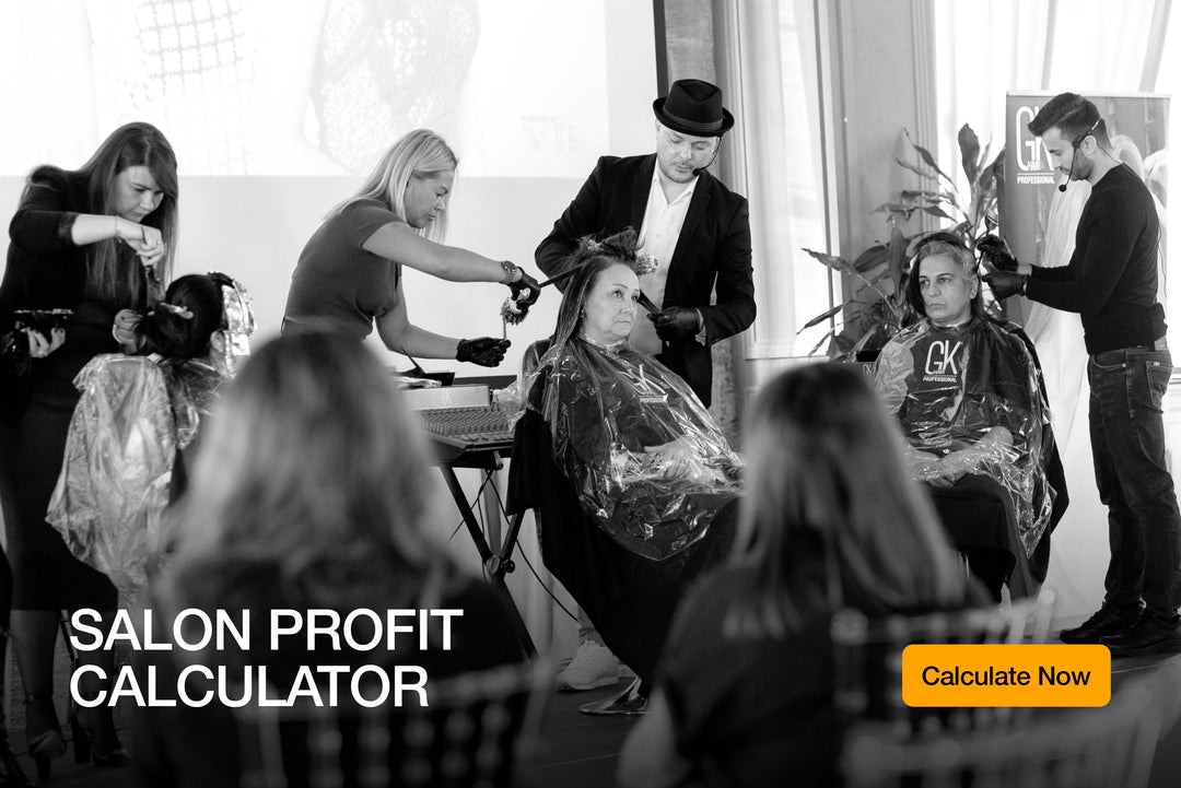 'SALON PROFIT CALCULATOR' banner with a Calculate Now button, over black and white photos of stylists colouring clients' hair