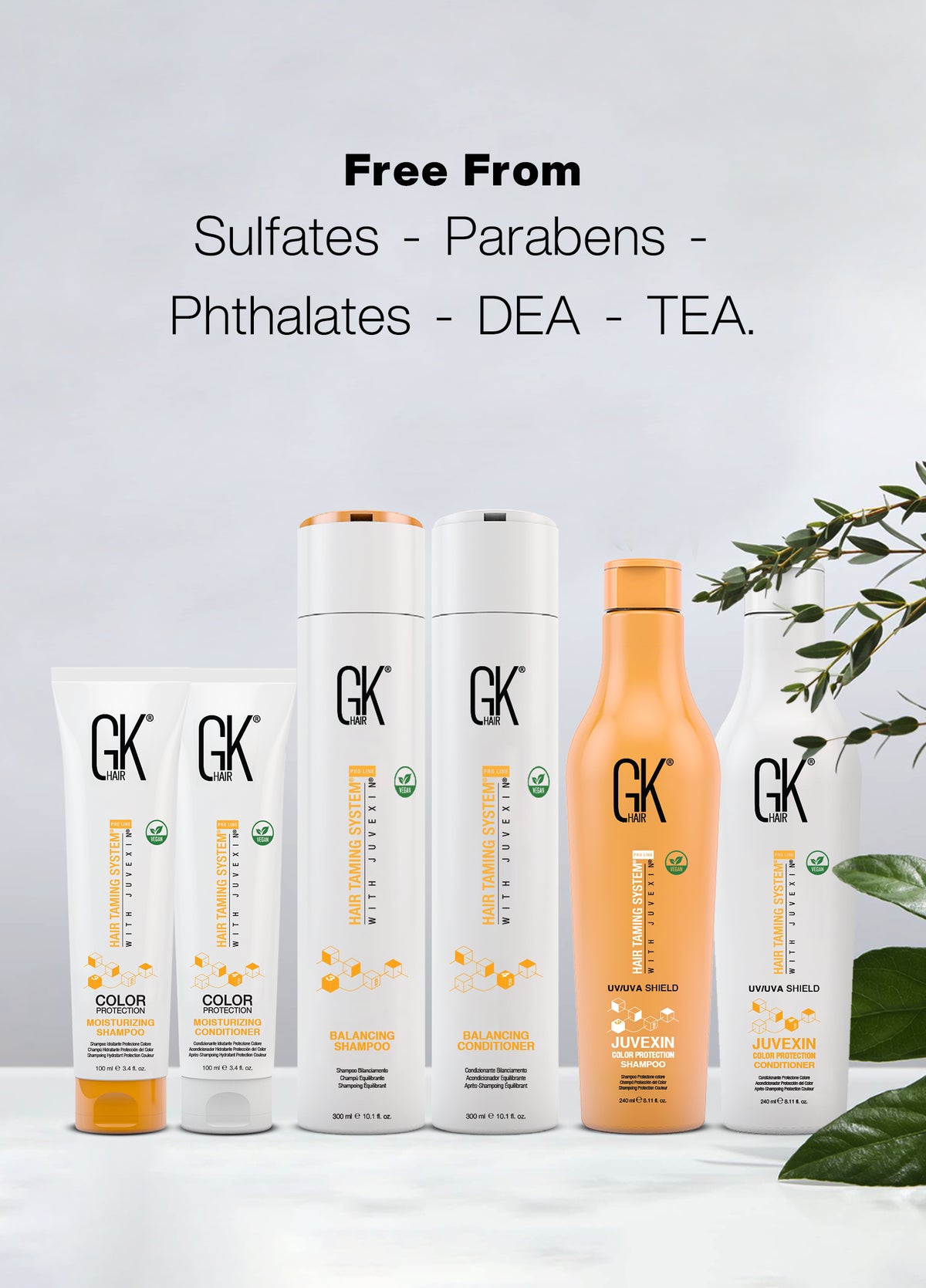 Free From Sulfates - Parabens - Phthalates - DEA - TEA, above GK Hair Color Protection, Balancing and UV/UVA Shield bottles