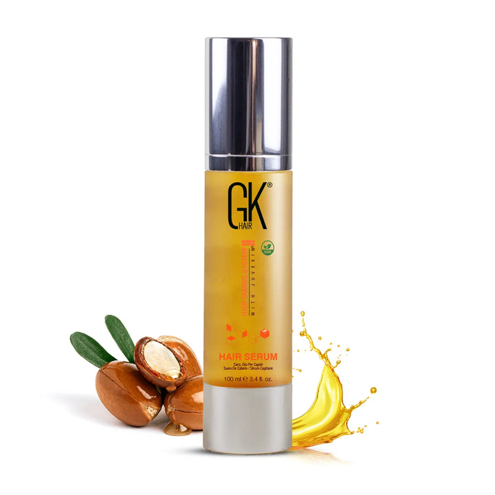 Salon-quality organic argan oil serum for smooth hair texture in a white background