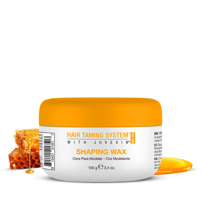 GK Hair Shaping Wax jar, 100 g 3.4 oz, white with an orange lid, Pro Line with Juvexin, beside honeycomb and dripping honey
