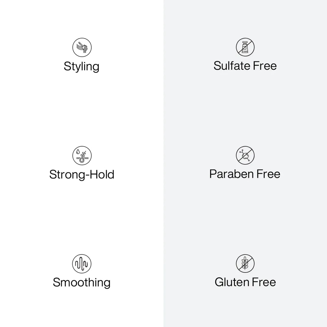 Six benefit icons: Styling, Strong-Hold, Smoothing, Sulfate Free, Paraben Free, Gluten Free