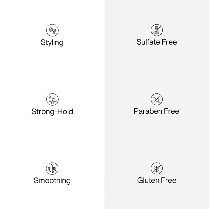 Six benefit icons: Styling, Strong-Hold, Smoothing, Sulfate Free, Paraben Free, Gluten Free