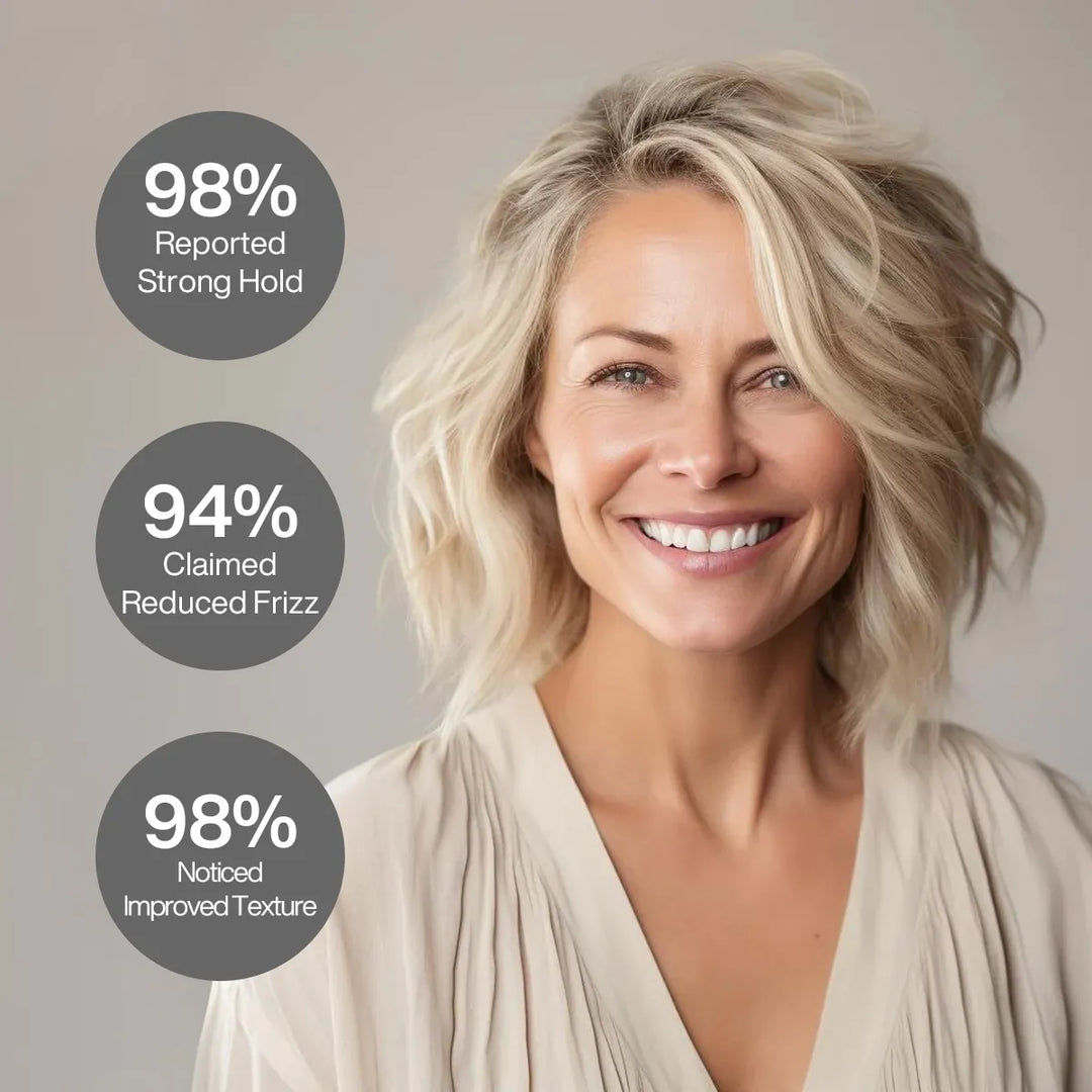 Smiling blonde woman with tousled shoulder-length waves; 98% reported strong hold, 94% claimed reduced frizz, 98% noticed improved texture