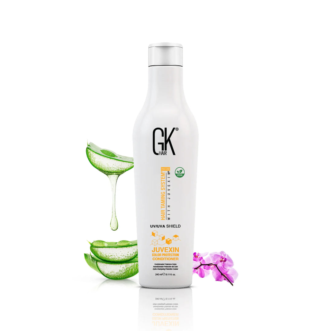 GK Hair Juvexin Color Protection Conditioner 240 ml white bottle marked UV/UVA Shield and Vegan, with aloe vera and a pink orchid