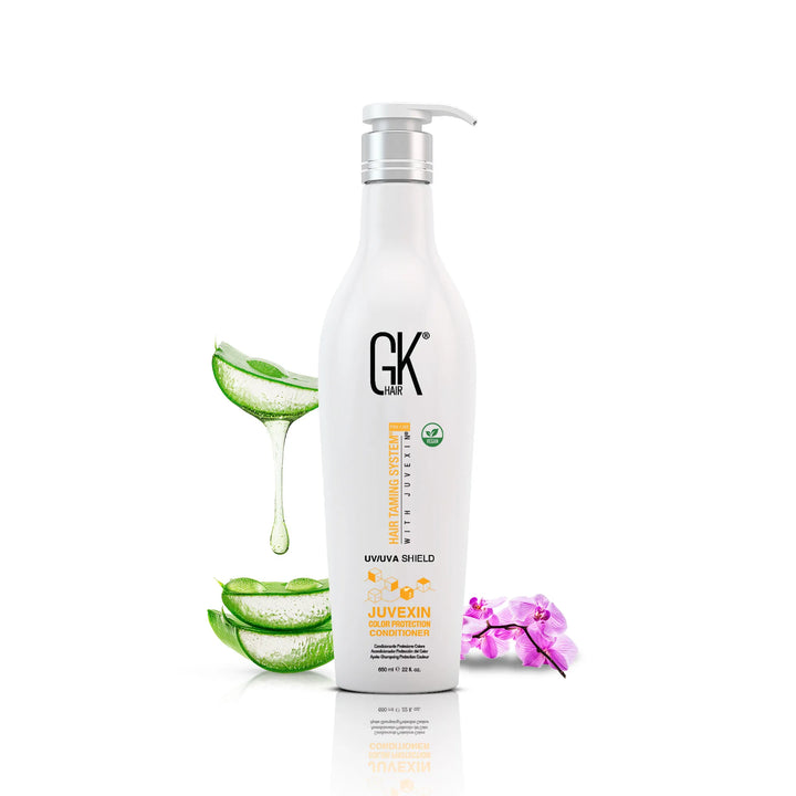 GK Hair Juvexin Color Protection Conditioner 650 ml white pump bottle marked UV/UVA Shield and Vegan, with aloe vera and orchid