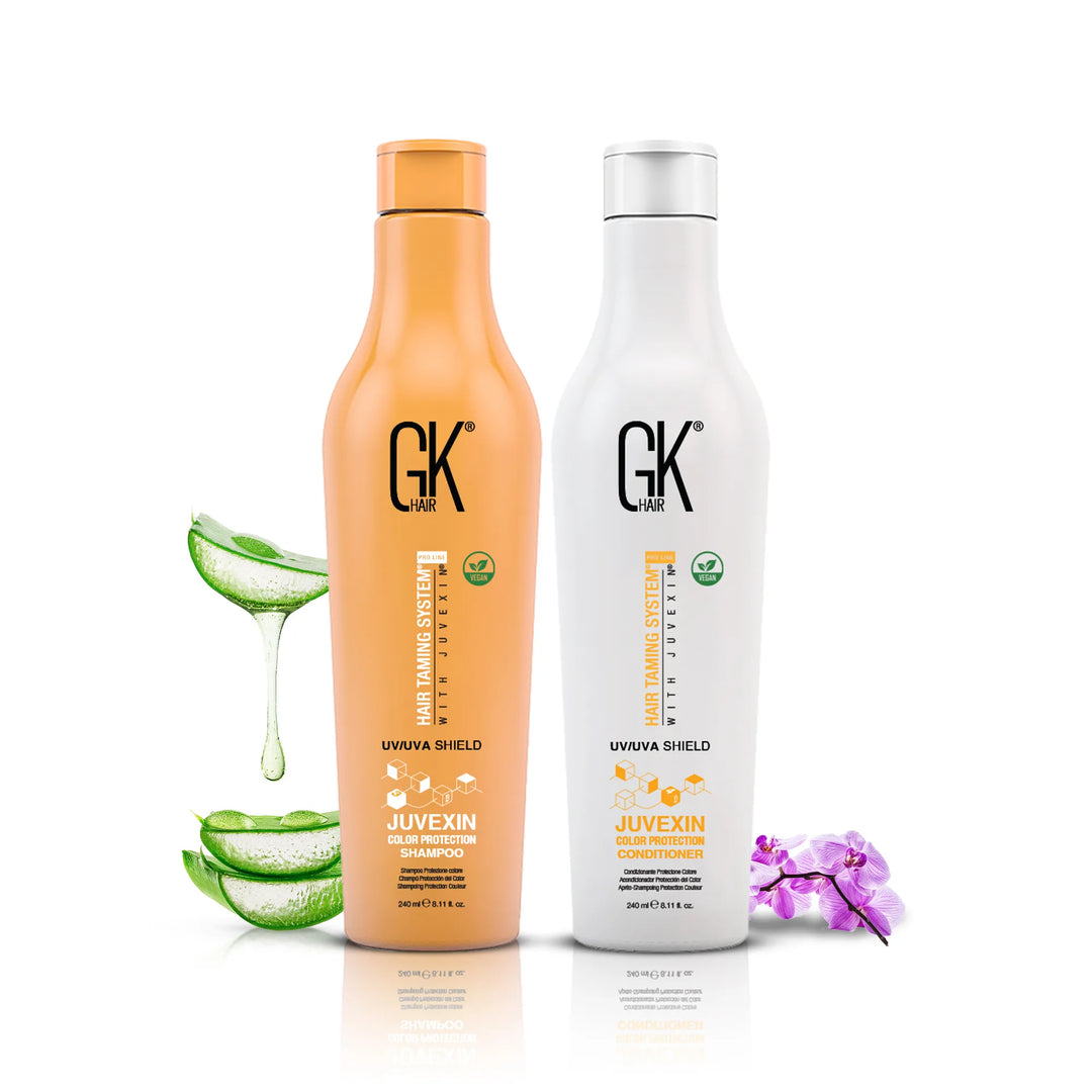 GK Hair UV/UVA Shield Juvexin Color Protection Shampoo and Conditioner, 240 ml 8.11 fl. oz. each, with aloe and an orchid