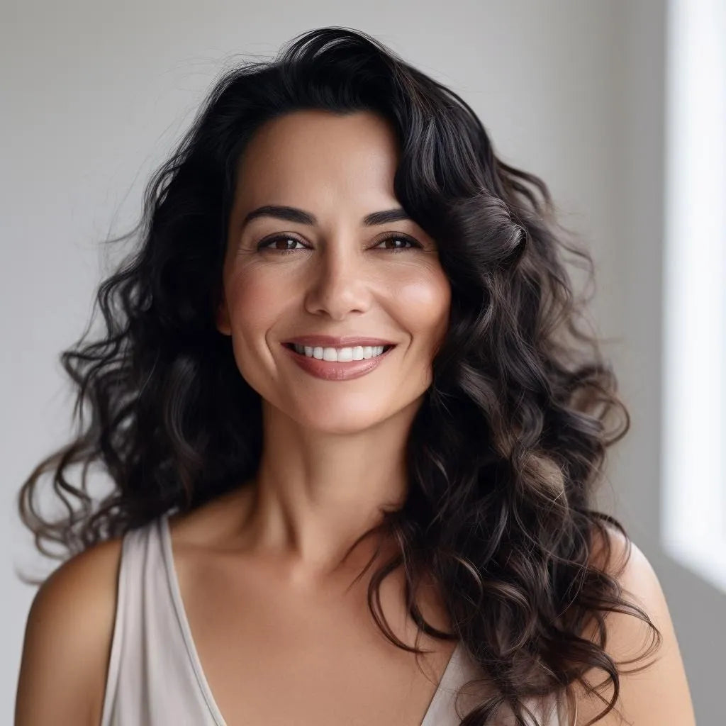 Smiling woman with long dark brown wavy hair in a cream tank top, softly lit against a pale wall