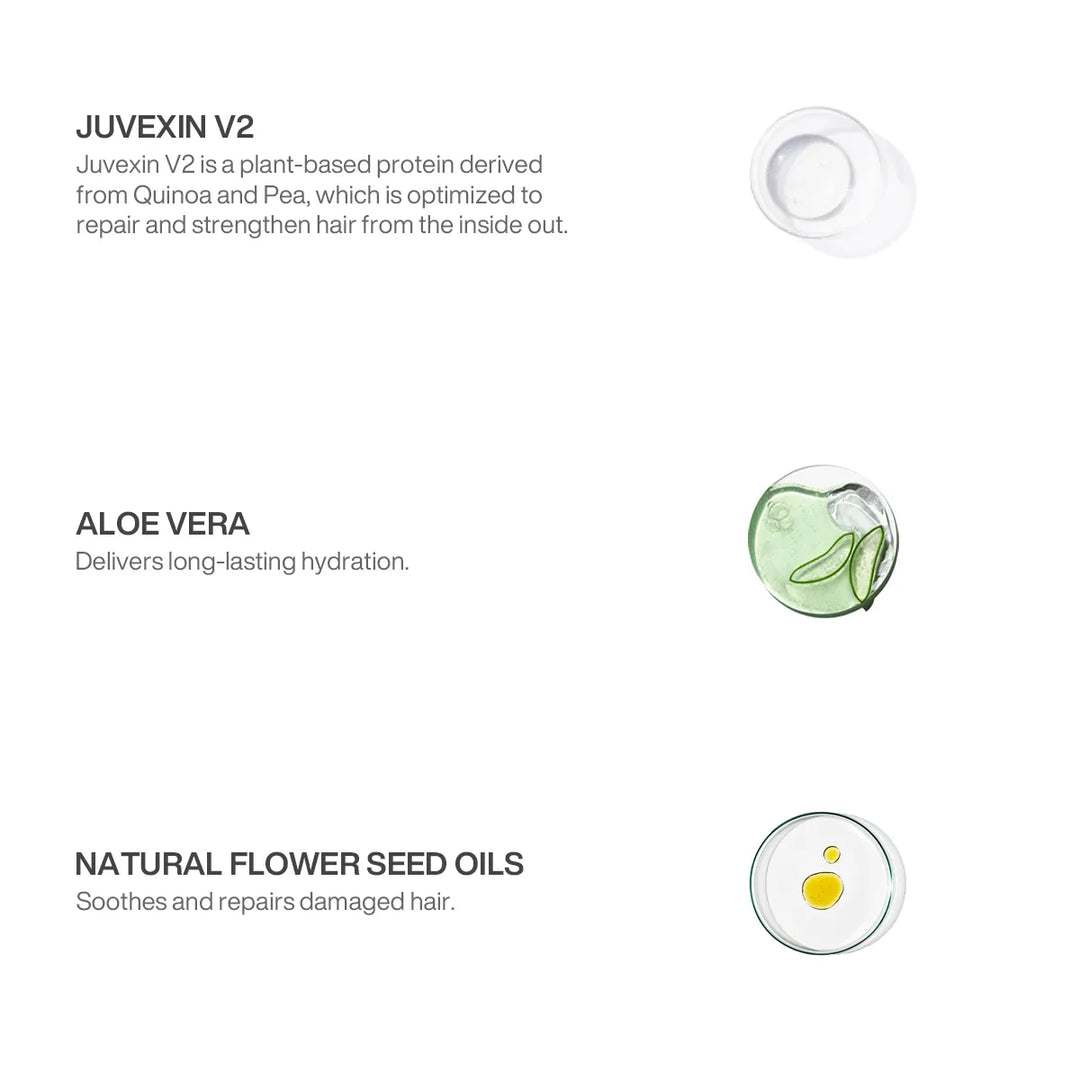 GK Hair Shield Additive+ ingredients: Juvexin V2 quinoa and pea protein, aloe vera hydration, natural flower seed oils