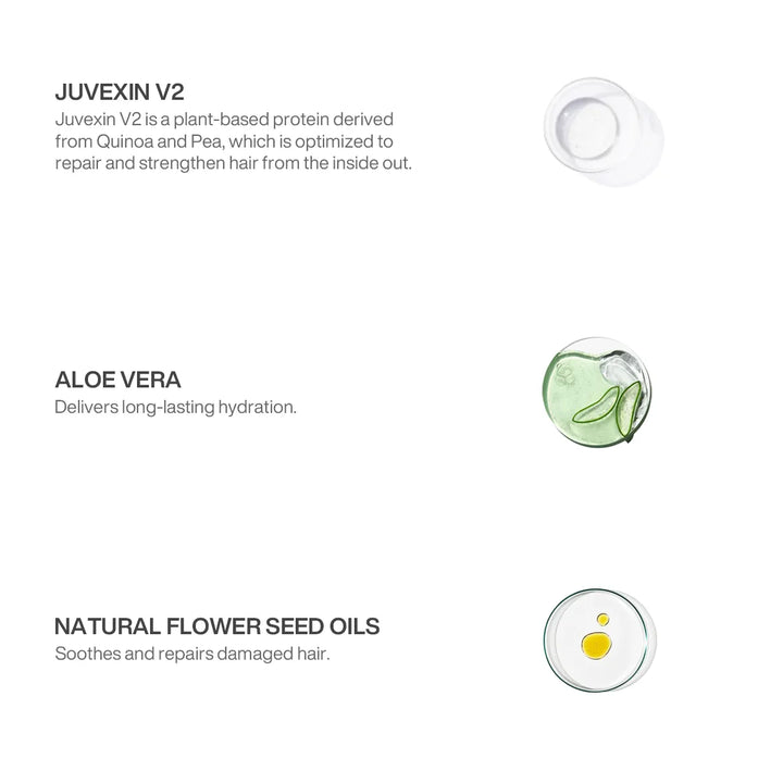 GK Hair Shield Additive+ ingredients: Juvexin V2 quinoa and pea protein, aloe vera hydration, natural flower seed oils
