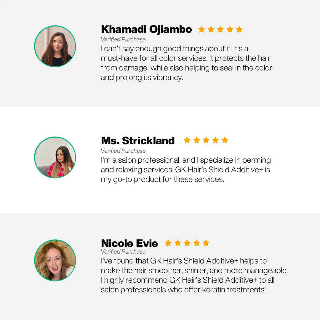 GK Hair Shield Additive+: 5-star reviews by Khamadi Ojiambo, Ms. Strickland and Nicole Evie on color sealing and shinier hair