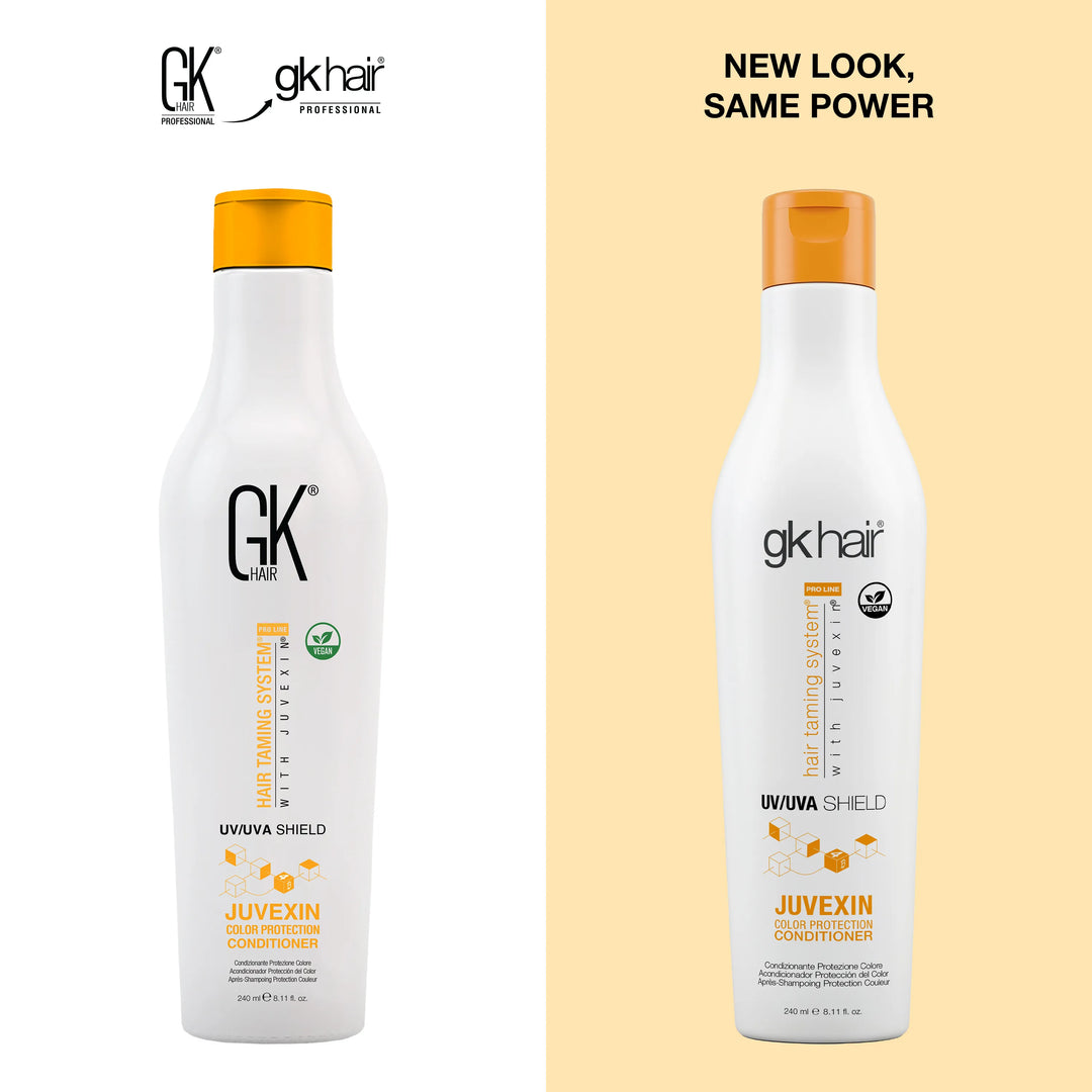 GK Hair Shield Conditioner 240 ml under New Look, Same Power: old GK Hair bottle left, new gkhair UV/UVA Shield bottle right
