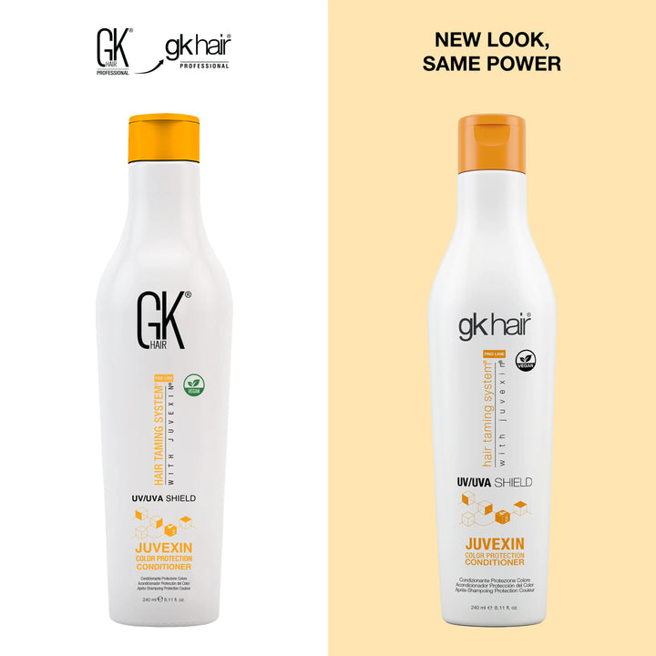 GK Hair Shield Conditioner 240 ml under New Look, Same Power: old GK Hair bottle left, new gkhair UV/UVA Shield bottle right