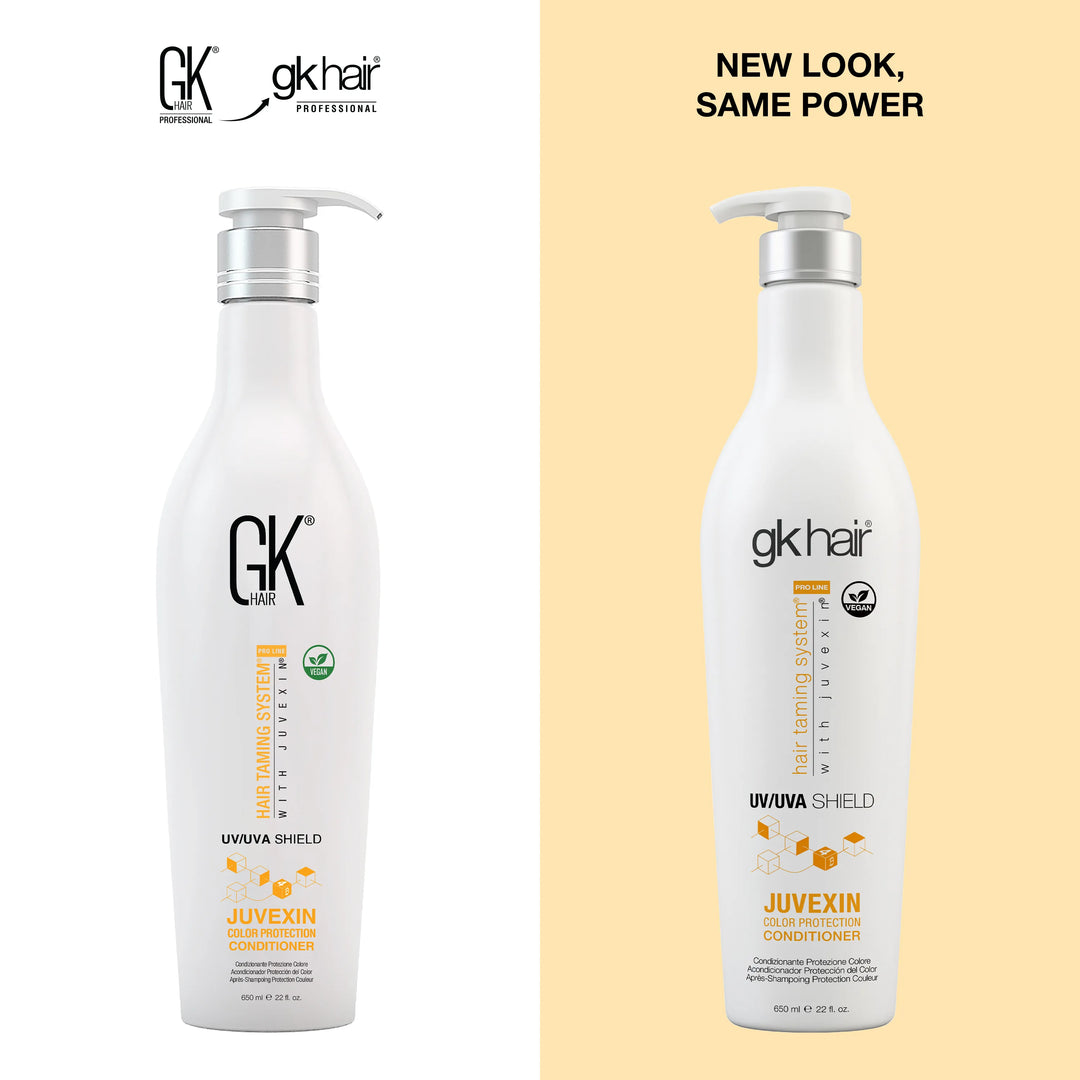 GK Hair Shield Conditioner 650 ml pump bottle, New Look Same Power: old GK Hair design left, new gkhair UV/UVA Shield right