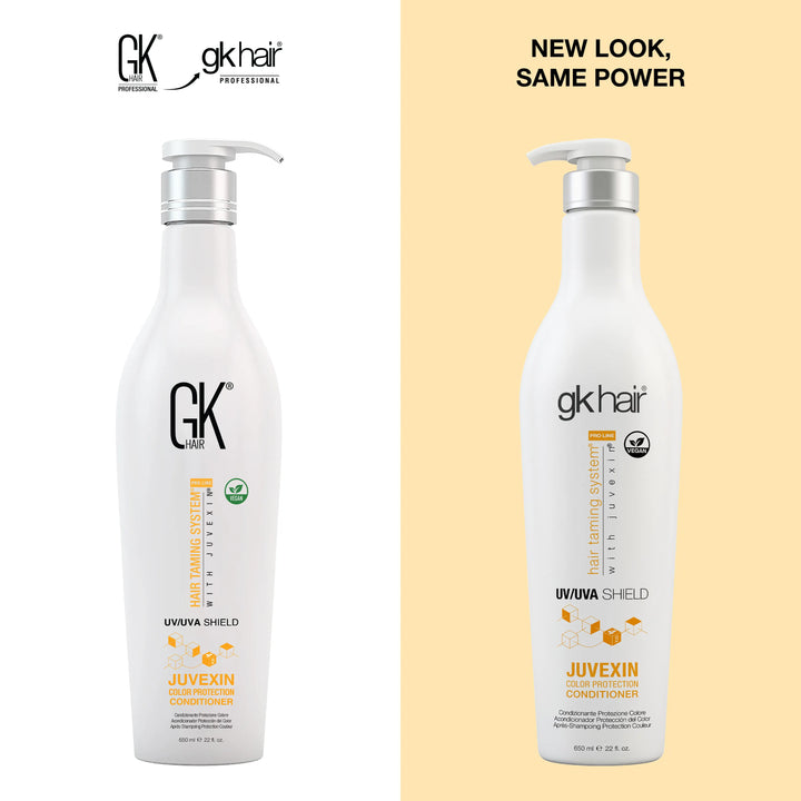GK Hair Shield Conditioner 650 ml pump bottle, New Look Same Power: old GK Hair design left, new gkhair UV/UVA Shield right