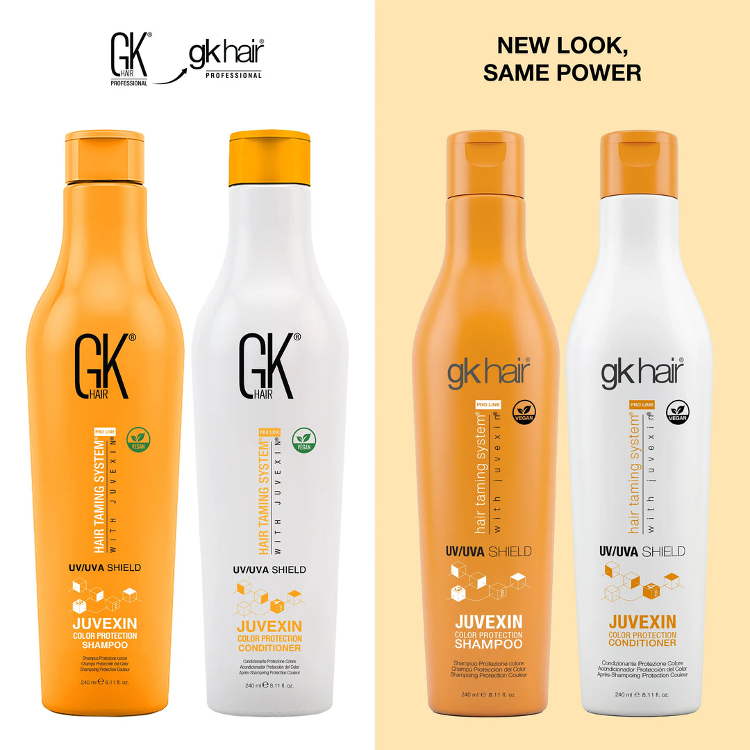 New Look, Same Power: GK Hair Juvexin Color Protection Shampoo and Conditioner 240 ml, old pair left, new gkhair pair right