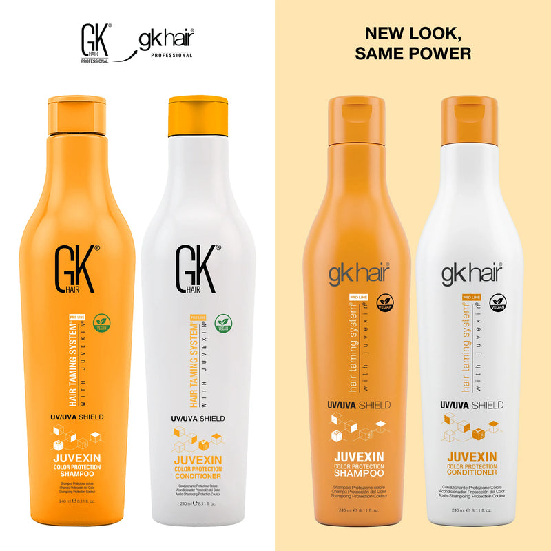 New Look, Same Power: GK Hair Juvexin Color Protection Shampoo and Conditioner 240 ml, old pair left, new gkhair pair right