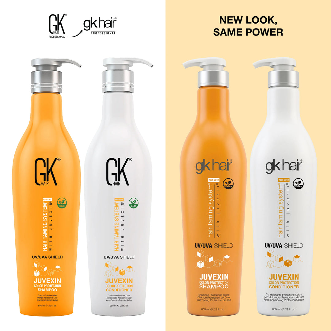 New Look, Same Power: GK Hair Juvexin Color Protection Shampoo and Conditioner 650 ml pumps, old pair left, new gkhair pair right