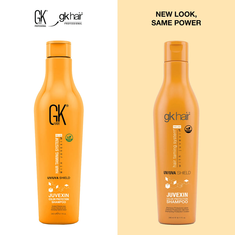 New Look, Same Power: GK Hair Juvexin Color Protection Shampoo 240 ml, old GK HAIR bottle left, new vegan gkhair bottle right