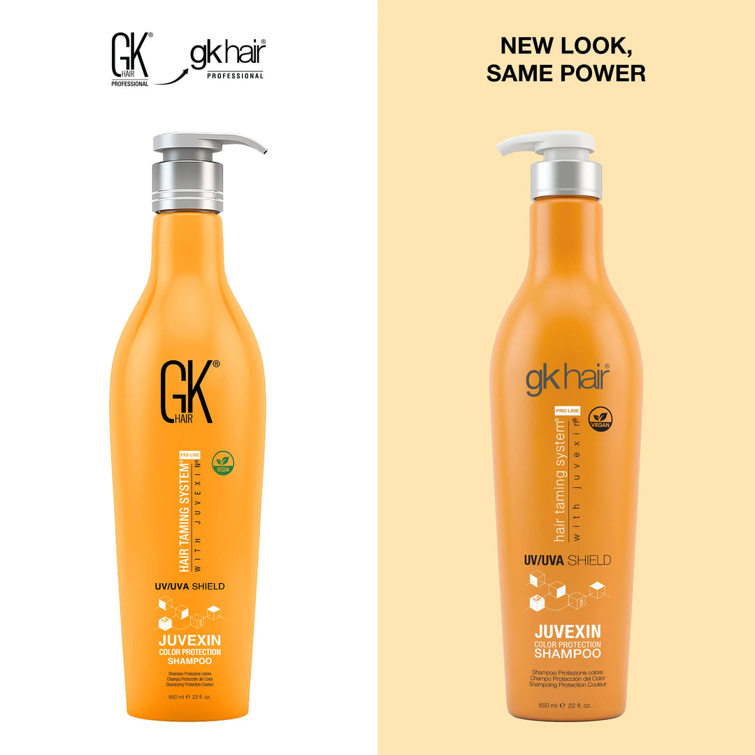 New Look, Same Power: GK Hair Juvexin Color Protection Shampoo 650 ml pump, old GK HAIR design left, new gkhair design right