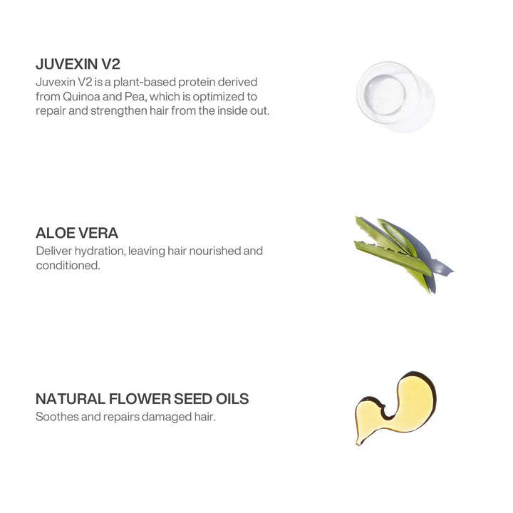 Ingredient panel: Juvexin V2 quinoa and pea protein that repairs and strengthens, Aloe Vera for hydration, flower seed oils to soothe