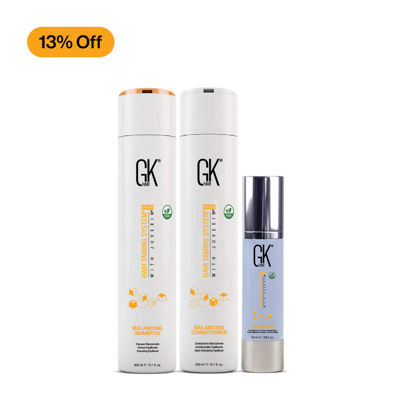 GK Hair Balancing Shampoo and Balancing Conditioner 300 ml bottles with Cashmere Hair Styling Cream 50 ml and a 13% Off badge