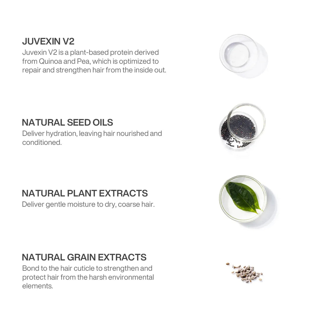 Ingredient panel: Juvexin V2 protein from quinoa and pea, natural seed oils, natural plant extracts, natural grain extracts