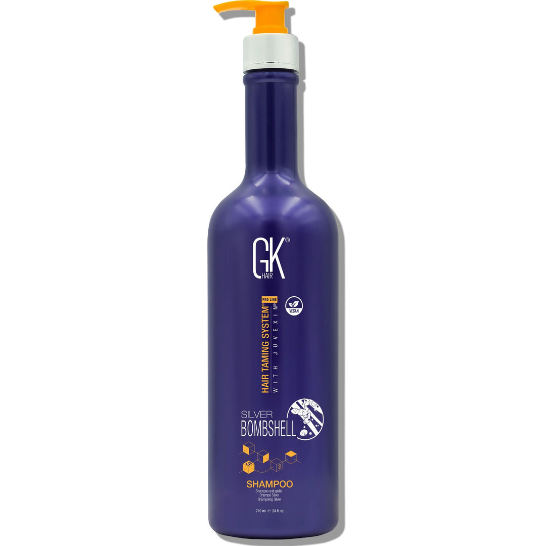 GK Hair Silver Bombshell Shampoo 710 ml deep purple pump bottle with an orange pump, front view on white