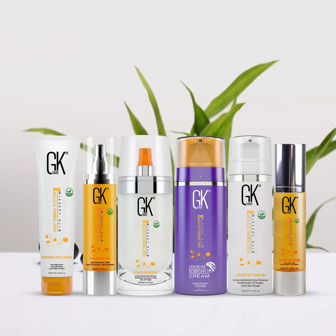GK Hair styling lineup by bamboo: ThermalStyleHer, VolumizeHer, Leave-In Spray, Bombshell Cream, Leave-In Cream, Serum