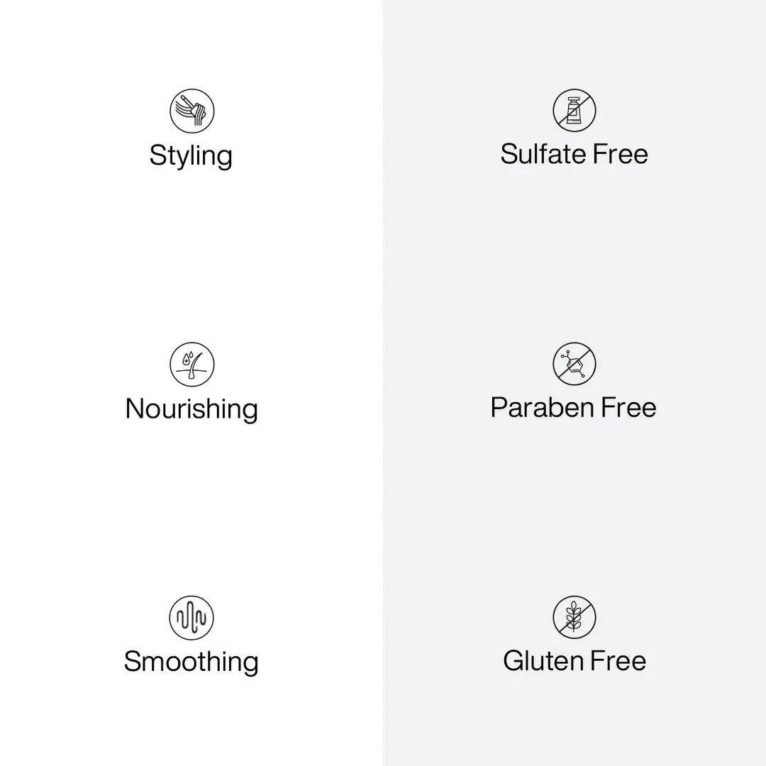 Six benefit icons: Styling, Nourishing, Smoothing, Sulfate Free, Paraben Free, Gluten Free