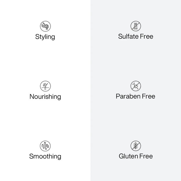 Six benefit icons: Styling, Nourishing, Smoothing, Sulfate Free, Paraben Free, Gluten Free