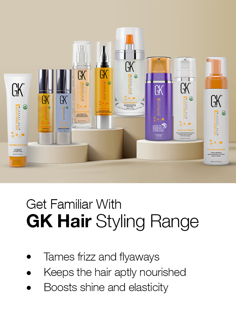 Stacked mobile GK Hair Styling Range banner: bottles above text - tames frizz and flyaways, nourishes hair, boosts shine and elasticity