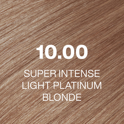 Super intense light platinum blonde hair color swatch with shade number 10.00 on a brown background.