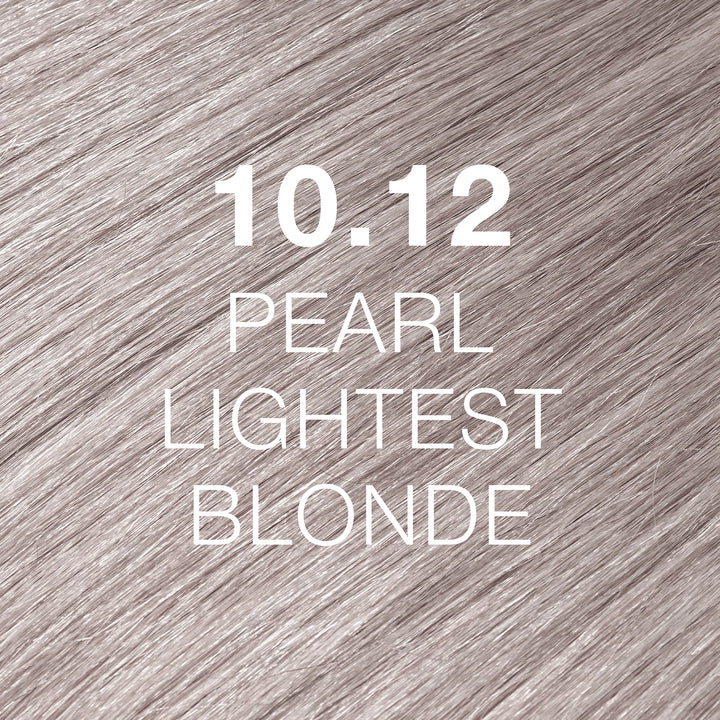 GK Hair Juvexin Cream Color 10.12 Pearl Lightest Blonde hair color swatch, pale silvery beige-blonde hair texture, name in white