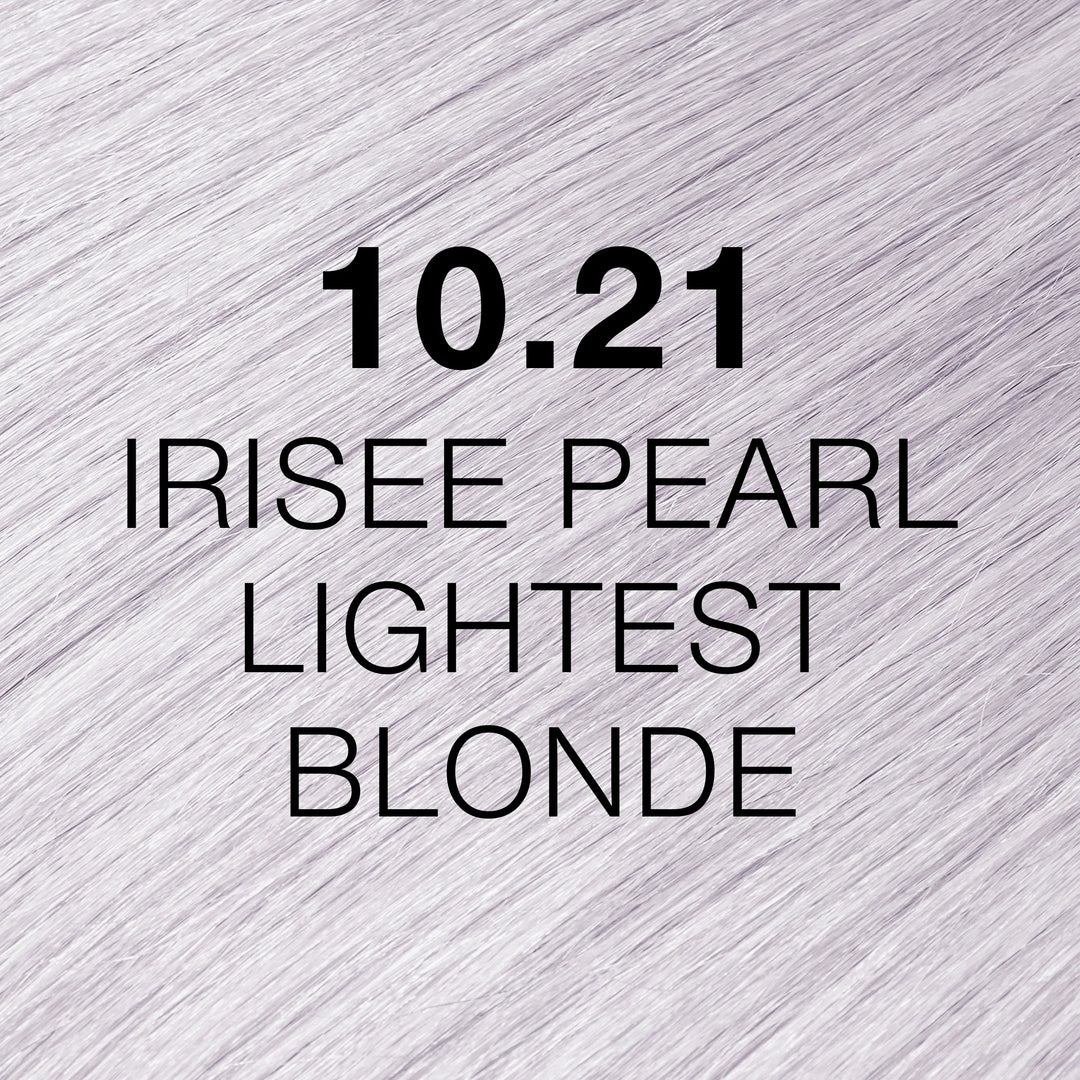 GK Hair Juvexin Cream Color 10.21 Irisee Pearl Lightest Blonde hair color swatch, icy lilac-white blonde hair texture, name in black