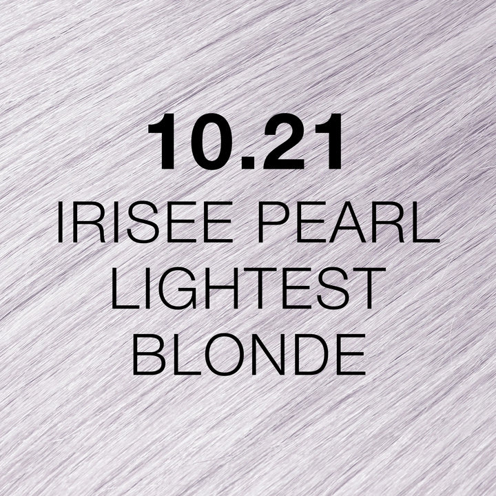 GK Hair Juvexin Cream Color 10.21 Irisee Pearl Lightest Blonde hair color swatch, icy lilac-white blonde hair texture, name in black