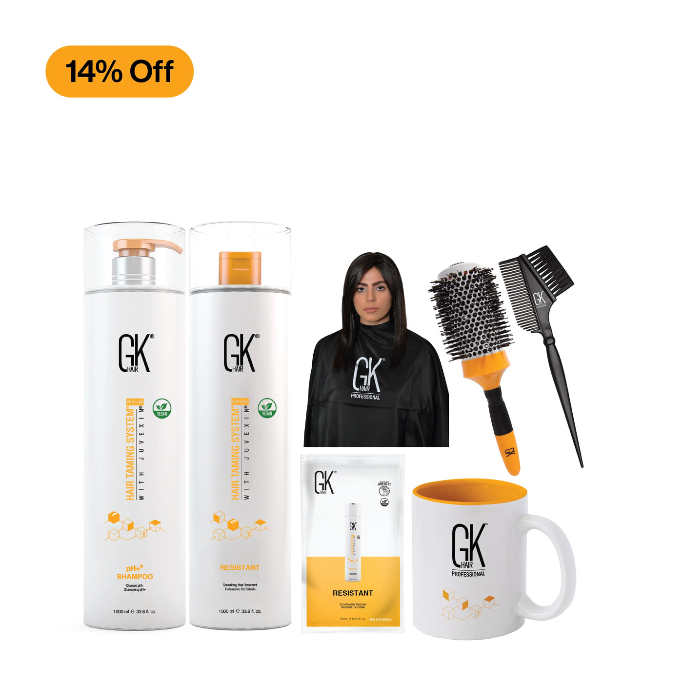 GK Hair care products including bottles, a mug, and a comb on a white background with promotional text.