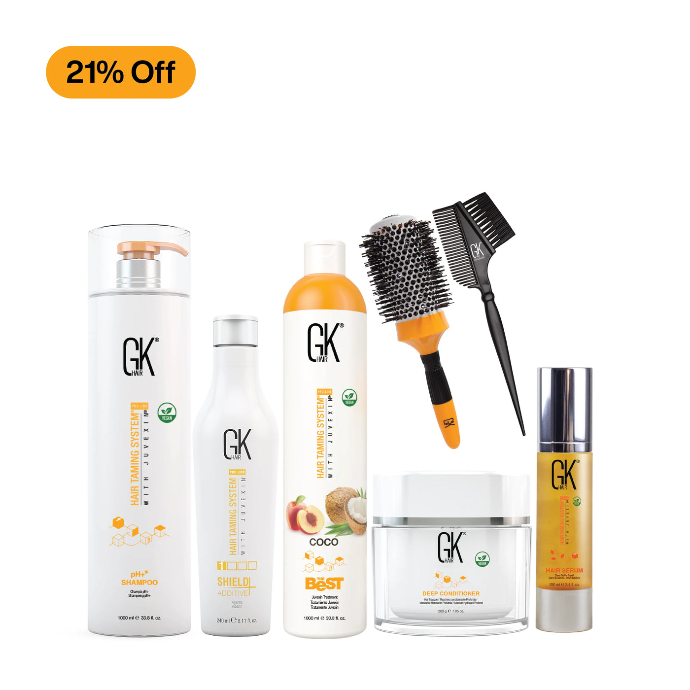 Set of GK Hair care products including bottles, a brush, and a jar on a white background with a 21% off label.