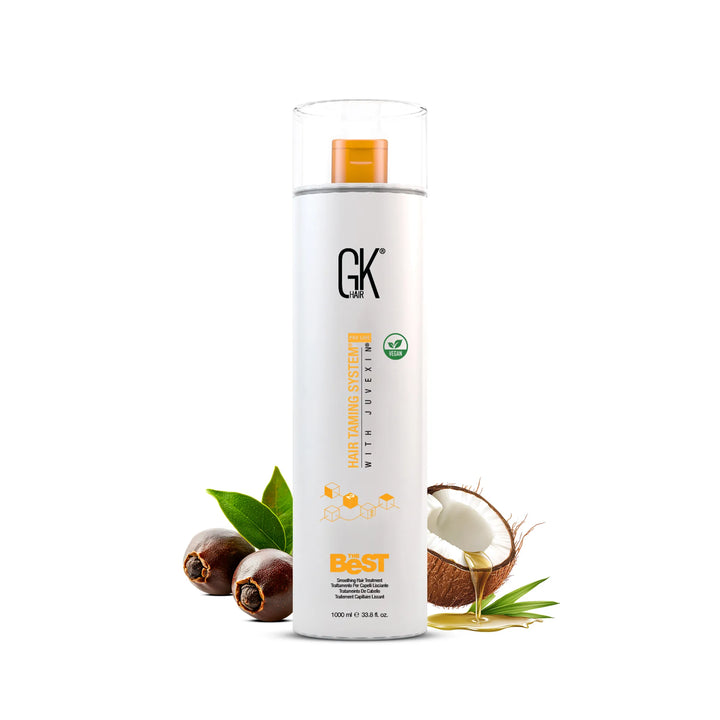 GK Hair The Best Smoothing Hair Treatment 1000 ml white bottle with a clear cap, vegan badge, palm fruit and coconut