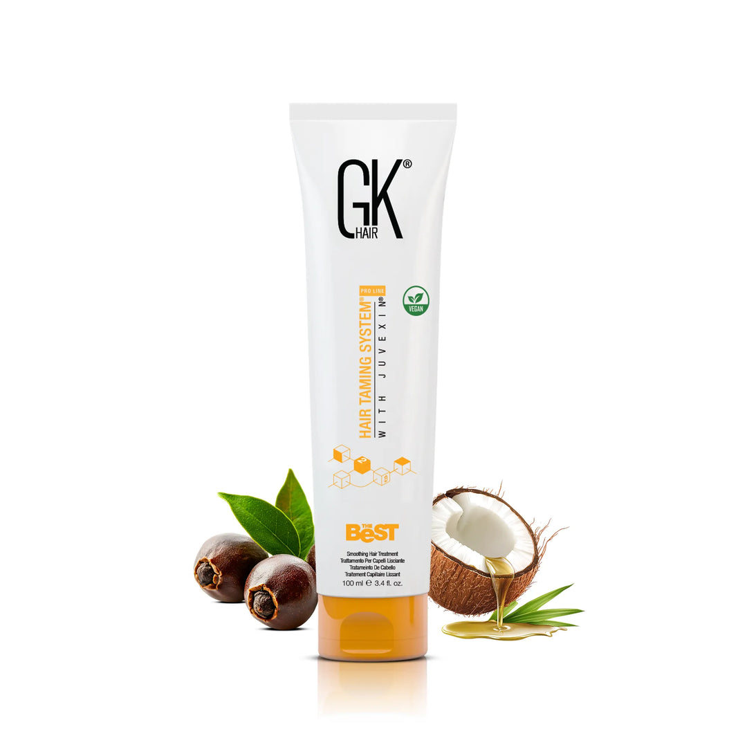 GK Hair The Best Smoothing Hair Treatment 100 ml white tube with an orange cap, vegan badge, palm fruit and coconut